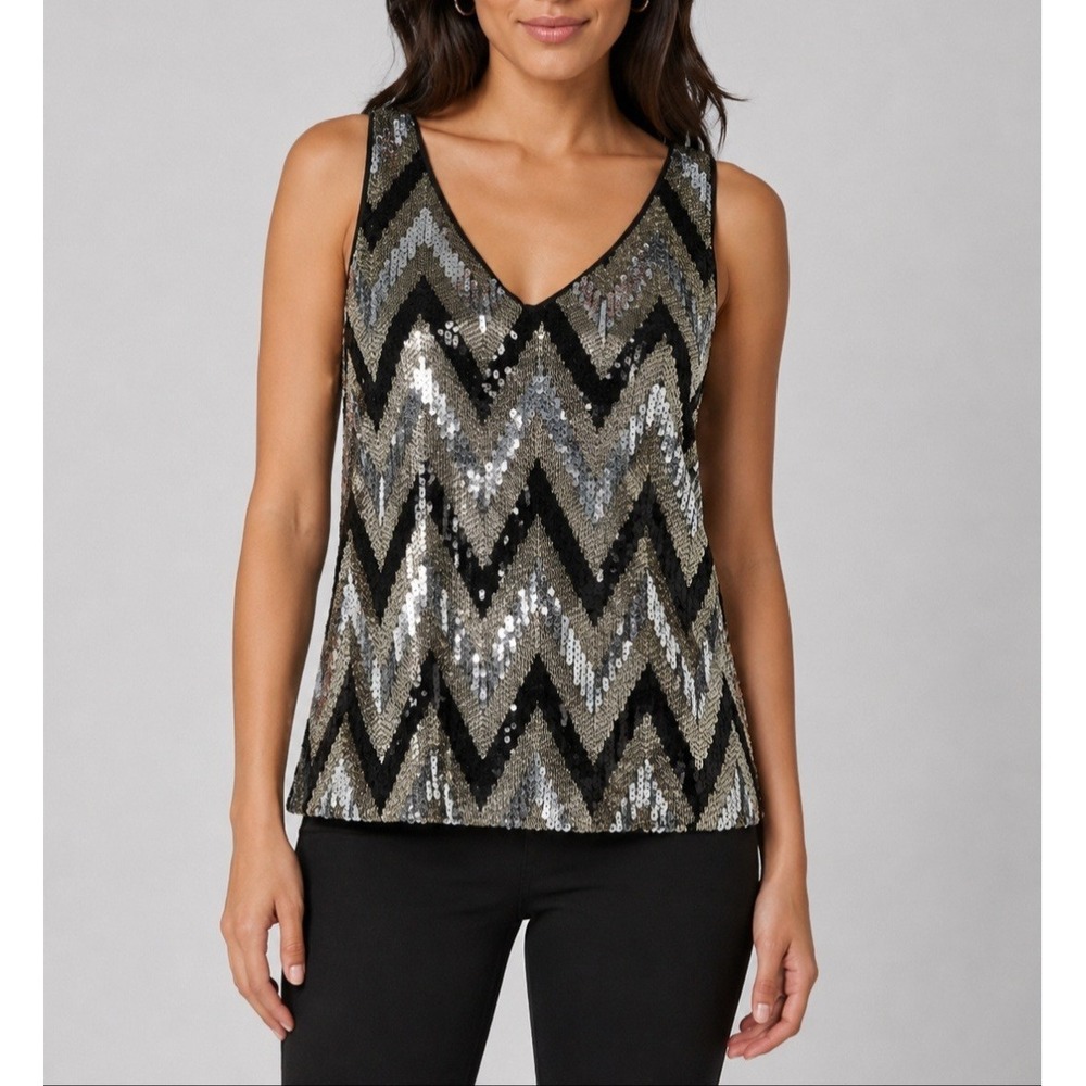 Ella Moss Sequin Zigzag‎ Chevron V Neck Sleeveless Tank Top Women S Black Silver